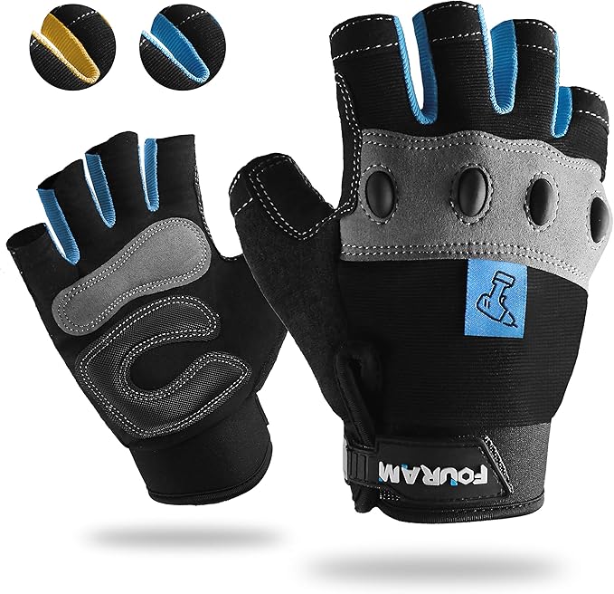 FOUR-AM Work gloves Men Fingerless Mechanic Gloves Shock-Grip, Anti-Collision For Men Women