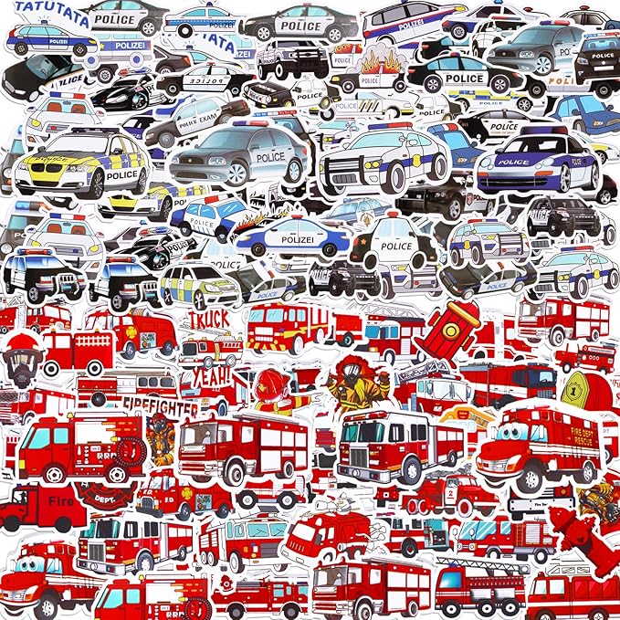 Police Car and Fire Truck Stickers for Kids Boys Vinyl Police Vehicle Firetruck Decals for Water Bottles Laptop Removable Waterproof Emergency Rescue Vehicle Stickers for Party Favors,100 PCS.