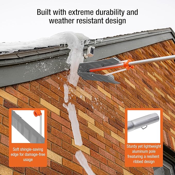 Snow Roof Rake w 16ft Pole, Easy Snow Removal from Roof, Prevents Ice Dams, Quick Assembly, 36 Inches Wide, 21 Foot Reach, Designed in The USA