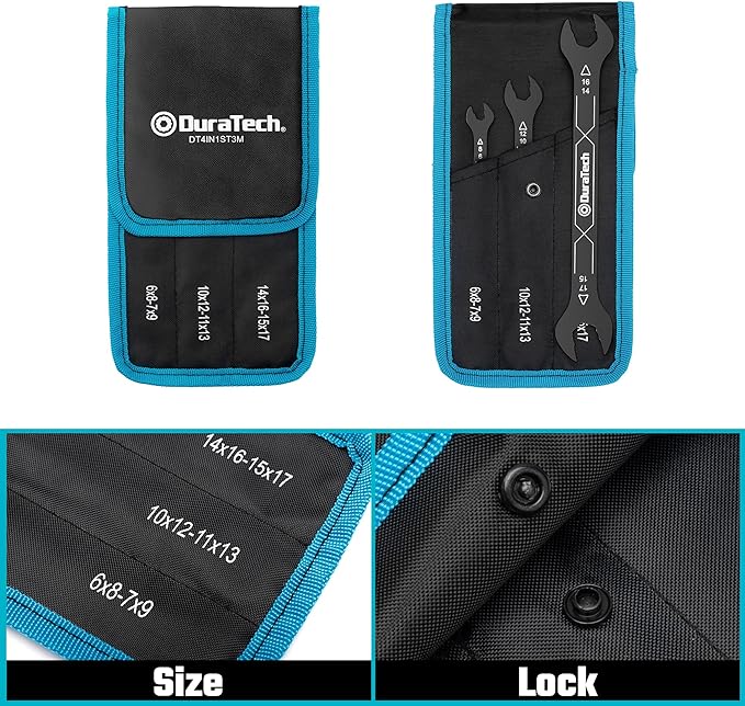 DURATECH 4-in-1 Super-Thin Open End Wrench Set, 3-Piece, 12 Sizes, Metric, Range from 6 mm to 17 mm, Ultra-Slim Wrench Set for Tight Spaces and Thin Nuts, Rolling Pouch Included