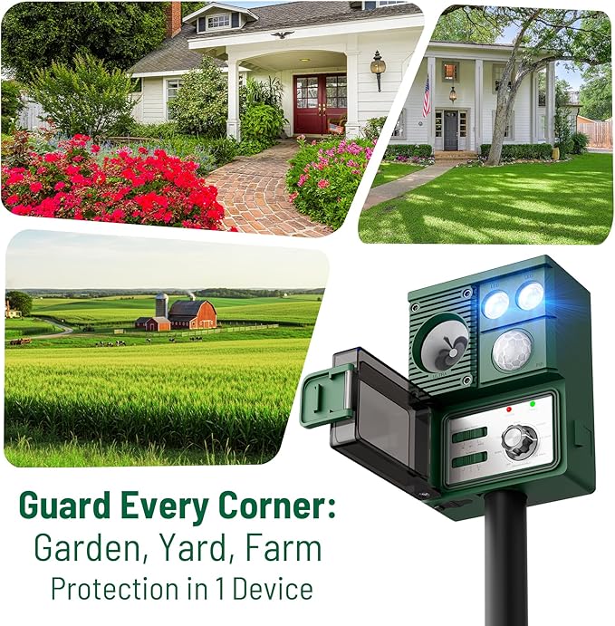 2 Packs 2026 Upgraded Ultrasonic Animal Repeller for Outdoor Yard, Solar Powered Deer Repellent Devices with Motion Sensor & Flashing Light Waterproof Cat Deterrent for Rabbits, Raccoons, Squirrels