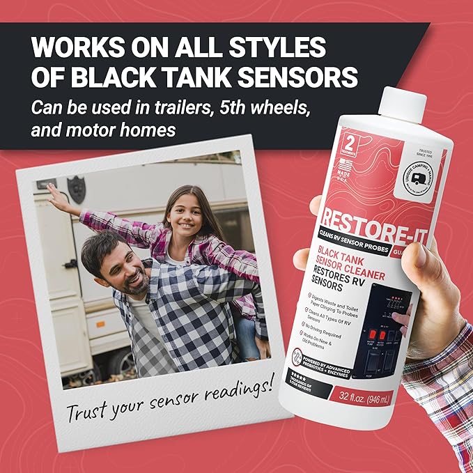 Unique Restore-It RV Sensor Cleaner Liquid - Cleans and Restores Misreading Sensor Probes by Removing Stuck-On Waste in Black Tanks - 2 Treatments Per Bottle (32 oz)