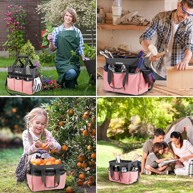 WORKPRO Garden Tool Bag, Heavy Duty Gardening Tote Bag Organizer with 10 Pockets and Long Adjustable Shoulder Strap, Standable Garden Home Tool Kits Organizer, Pink