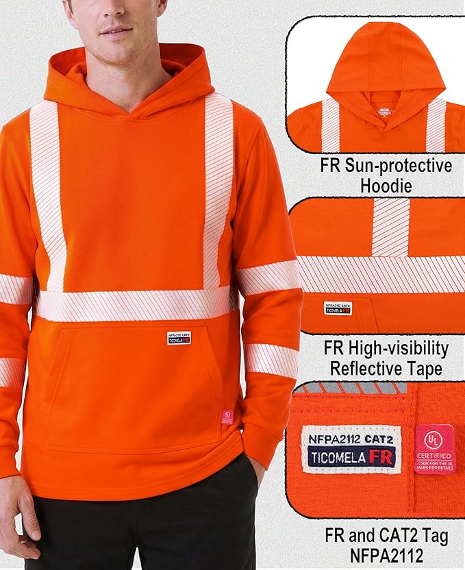 TICOMELA FR Shirts Pullover High Visibility 6oz Lightweight Hi vis Flame Resistant Reflective Hooded Work Shirt
