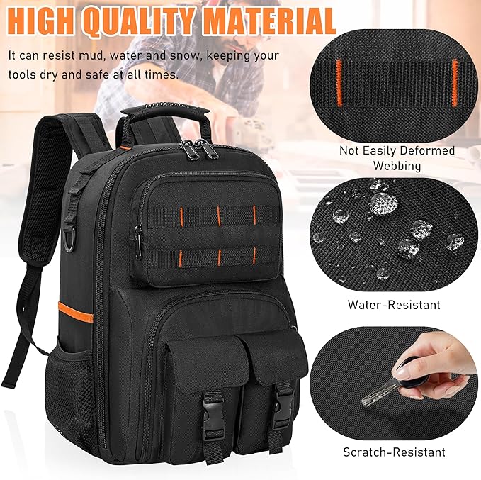 Tool Backpack, Heavy Duty Tool Bag with Padded Shoulder and Removable Tool Organizer, Water-Resistant Work Backpack, for Electrician, Plumber, HVAC, Cable Repairman, Black & Orange