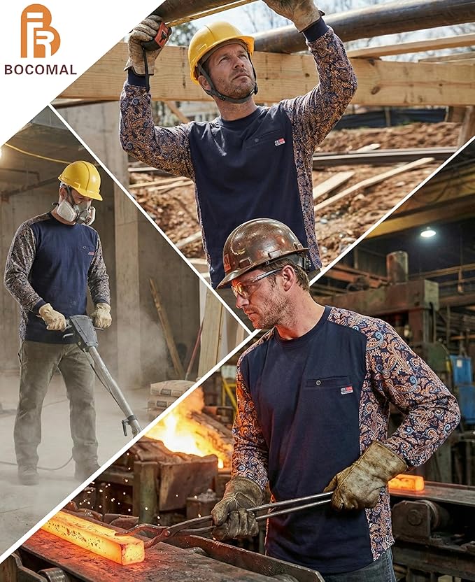 BOCOMAL FR Shirts Crewneck 5.5oz Lightweight Cotton Paisley Camo Two-Tone Flame Resistant Long Sleeve CAT2 Work Shirt