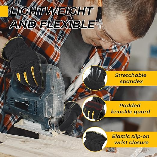 HANDLANDY Work Gloves Mens & Women, Utility Safety Mechanic Working Gloves Touch Screen, Flexible Breathable Yard Work Gloves (2X-Large, Black-Yellwo)