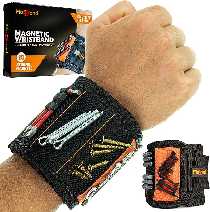 MagBand Magnetic Wristband for Holding Screws, Nails and Drilling Bits - 10 Strong Magnets - Men & Women's Tool Bracelet - Gift Ideas for Dad Husband Handyman or Handy Woman