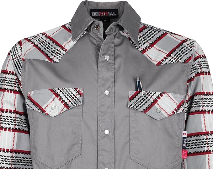 BOCOMAL FR Shirts Pearl Snaps Two Tone Plaid/Solid Flame Resistant Cotton Welding Shirt NFPA 2112 CAT 2