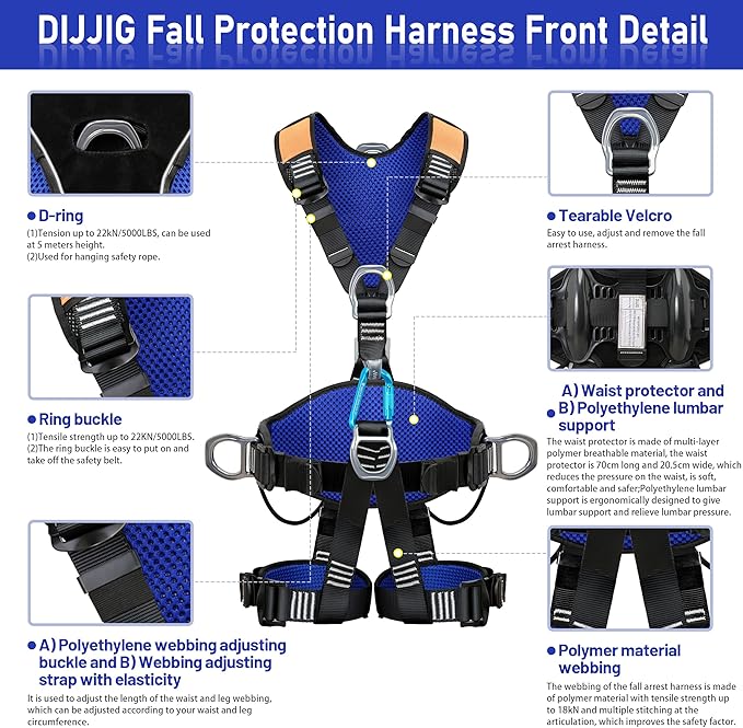 Fall Protection Full Body Safety Harness 5pt Roofing harnesses Aluminum O-Rings 8”Thick Back Support Belt Construction With Reflective Strips OSHA/ANSI Compliant