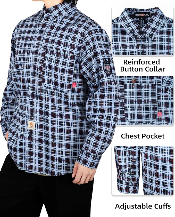 BOCOMAL FR Shirts Flame Resistant NFPA2112/CAT2 6.5oz Light Weight Printed Fire Retardant Plaid Shirt