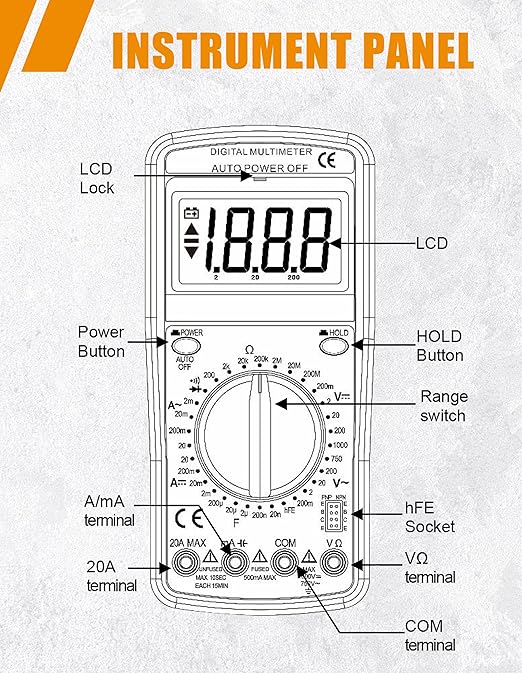 Digital Multimeter Tester Portable Multimeter Multi Testers for Electrical Applications Smart Multi Meter Measures Voltage, Current, Resistance, Continuity and Diode (Model AMT32)