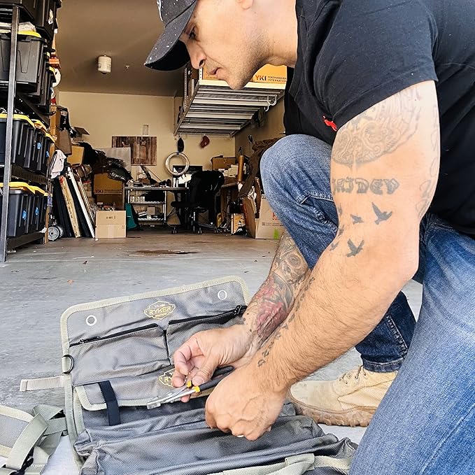 The Ryker PRO Official Roll Up Tool Bag Organizer Gifts for Dad. Motorcycle Tool Bag Organizer for Mechanic & Tools Storage Toolbag Tools Bags Mens gifts for him - w/4 Detachable Pouches & Wrench Roll