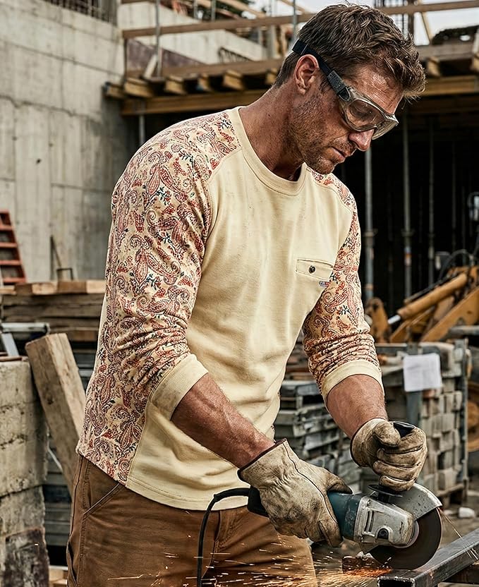 BOCOMAL FR Shirts Crewneck 5.5oz Lightweight Cotton Paisley Camo Two-Tone Flame Resistant Long Sleeve CAT2 Work Shirt