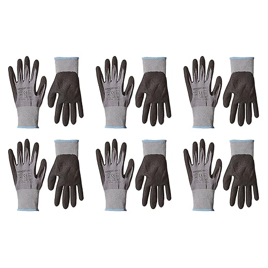 Amazon Basics Micro-Foam Nitrile Coated Safety Work Gloves, Nylon Liner Fiber, Touch Screen Compatible, Grey, Size 7 (S), 6-Pack