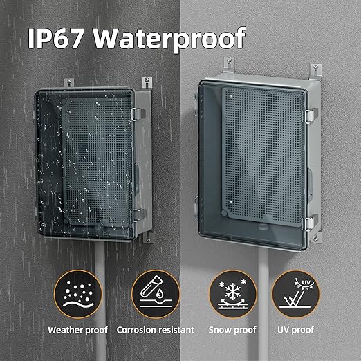 Joinfworld Lockable Outdoor Weatherproof Electrical Box for Electronics Outside 11.4x7.5x5.5 Weather Proof Electrical Box Plastic Nema 4 Enclosure Clear