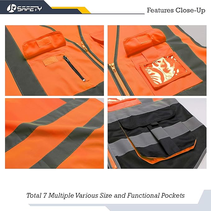 JKSafety 7 Pockets High Visibility Zipper Front Safety Vest With Reflective Strips.Meets ANSI/ISEA Standards (130-Orange-Black,XL)