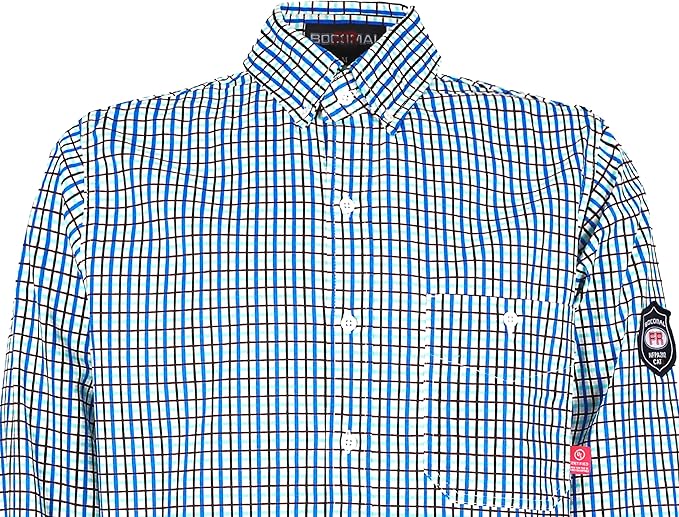 BOCOMAL FR Shirts for Men Printed Plaid Flame Resistant Clothing 6.5oz Cotton Button Up Welding Shirts NFPA2112 CAT2