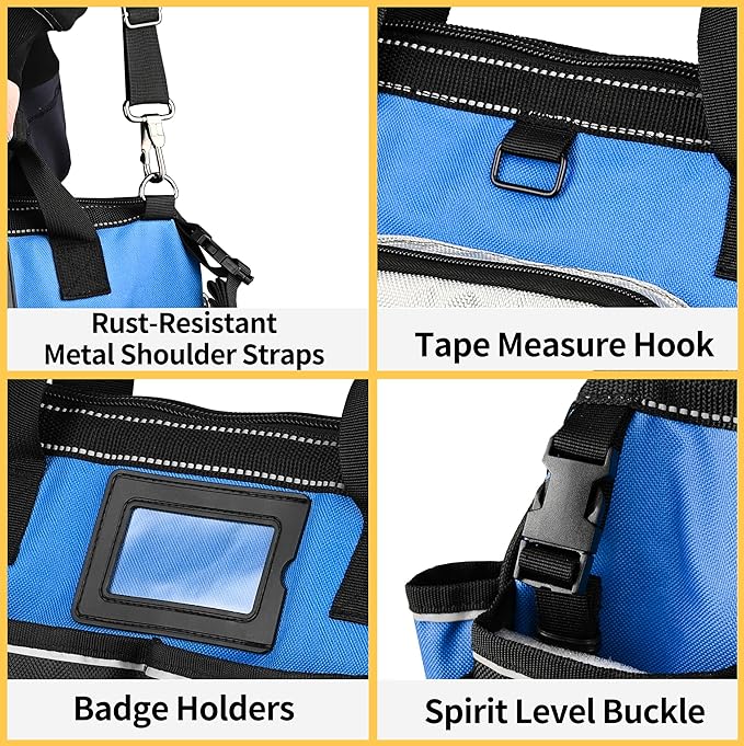 16 Inch Wide Mouth Heavy Duty Tool Bag, 21 Pockets and Waterproof Plastics Base Construction Electrician Tote Tool Organizer Bag with Shoulder Strap and Zipper Pocket, Padded Handle, Blue