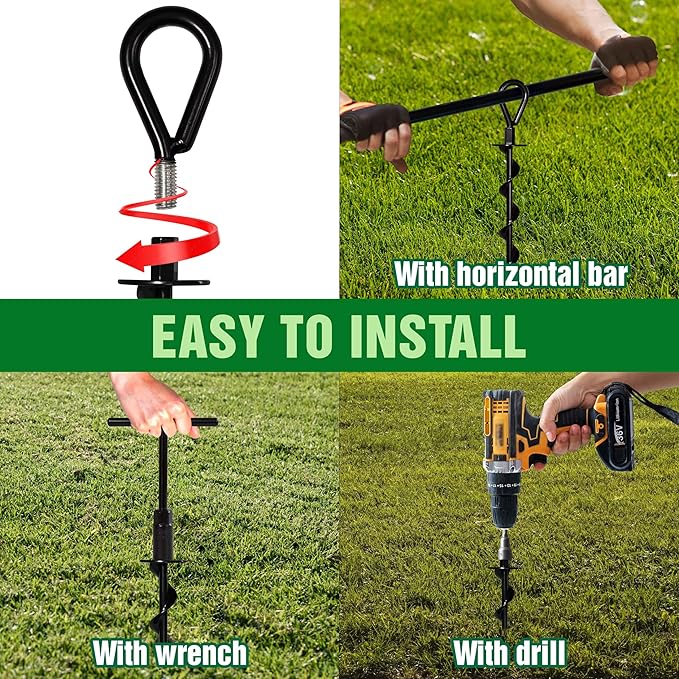 VASGOR 18" Ground Anchors (4pcs) Easy to Use with Drill, Heavy Duty Anchor Hook for Camping Tent, Canopies, Car Ports, Sheds, Swing Sets, Securing Animals – Black Powder Coated