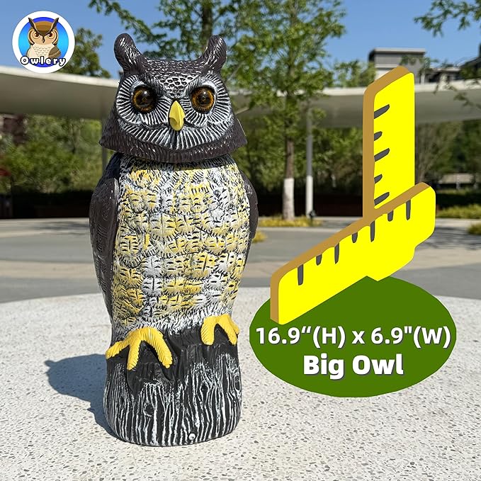 Solar Owl Guard with Motion Detector, Flashing Eyes, Spinning Head, Realistic Hooting and Silent Mode, Garden Owl, Outdoor Statue, Decoration for Home, Garden, Patio and Fence