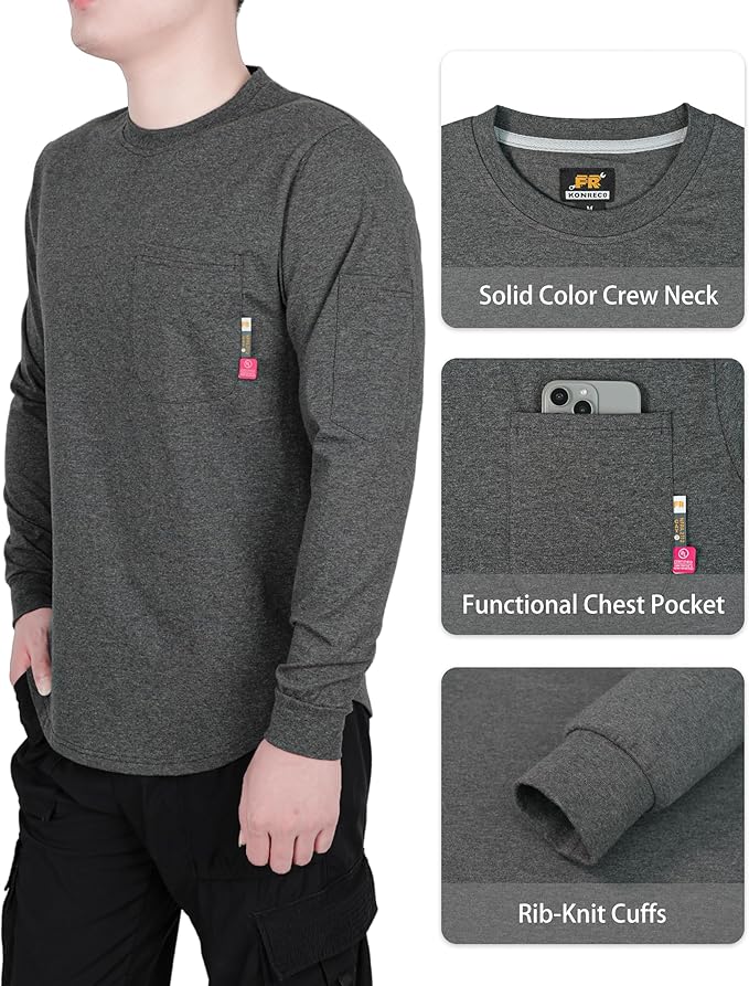 KONRECO FR Shirts for Men Crewneck 6oz Jersey Lightweight Flame Resistant Work T Shirt NFPA2112 CAT2