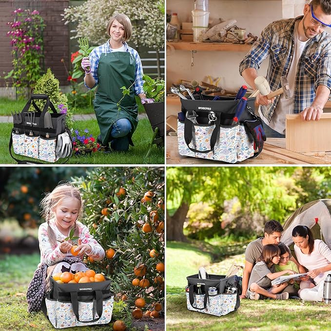 WORKPRO Garden Tool Bag, Heavy-Duty Gardening Tote Bag with 10 Pockets, Stand-Up Wide Mouth Tool Organizer, Adjustable Shoulder Strap, Large Capacity Storage – Floral White (Tools Not Included)