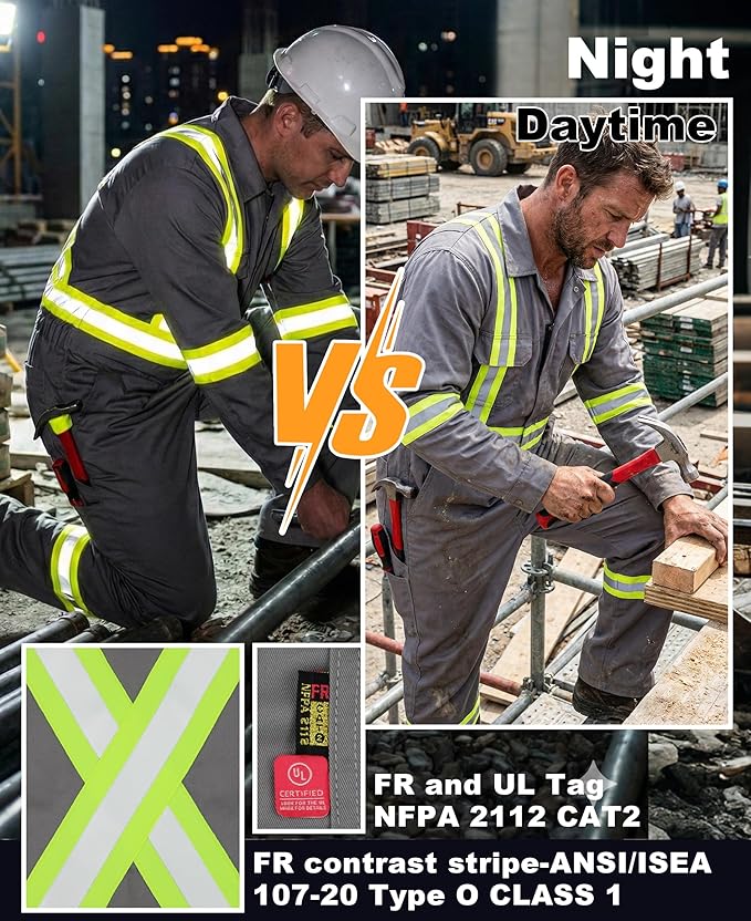BOCOMAL FR Coveralls Men High Visibility 7.5oz Cotton Twill Flame Resistant Fire Retardant Work Coverall NFPA2112 HRC2