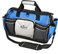 16 Inch Wide Mouth Heavy Duty Tool Bag, 21 Pockets and Waterproof Plastics Base Construction Electrician Tote Tool Organizer Bag with Shoulder Strap and Zipper Pocket, Padded Handle, Blue