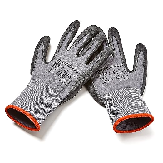 Amazon Basics Micro-Foam Nitrile Coated Safety Work Gloves, Nylon Liner Fiber, Touch Screen Compatible, Grey, Size 9, Large, 6-Pack