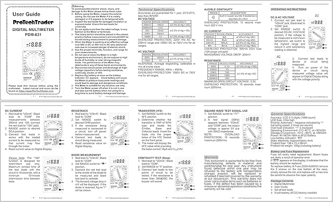 7 Function Digital Multimeter AC DC Voltage Resistance Current Transistor Diode Audible Continuity Buzzer and Square Wave Output