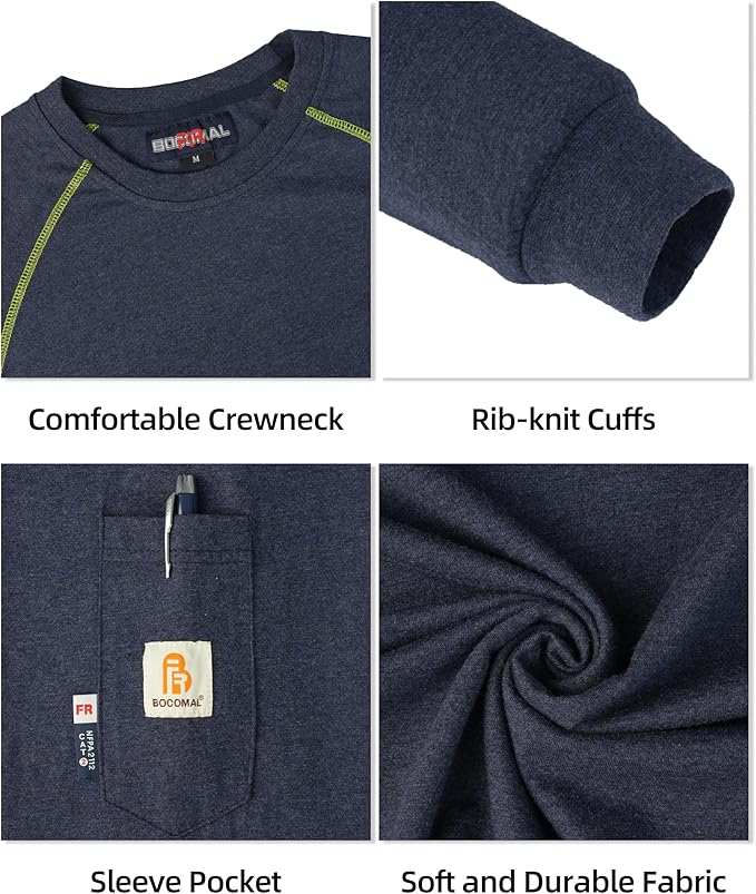 BOCOMAL FR Shirts Heather Series 6oz Flame Resistant T Shirt NFPA2112 CAT2 Fire Retardant Crew Work Shirt