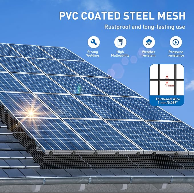 8 inch x 100ft Solar Panel Bird Guard, Wire Mesh Critter Guard for Solar Panels with 100pcs Fasteners, PVC Coated Pigeon Barrier Netting Solar Panel Mesh Screen for Bird Proof Squirrel Fence