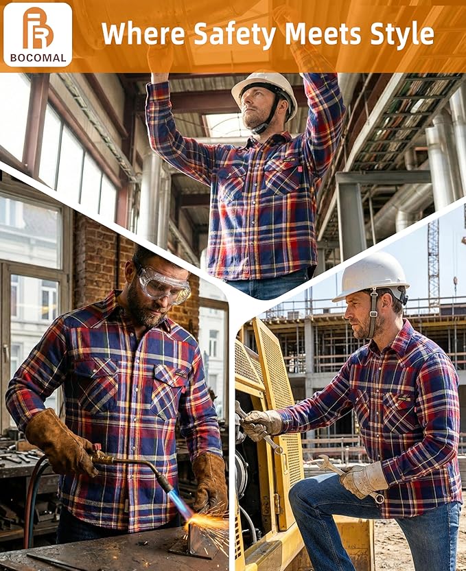 BOCOMAL FR Shirts Flame Resistant 100% C NFPA2112 7.5oz Men's Fire Retardant Welding Shirt