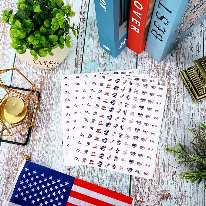JarThenaAMCS 2400Pcs Patriotic Mini Sticker Star Heart American Flag Paper Decal 4th of July Adhesive Sticker for Independence Day Planner Reward Envelope Scrapbook DIY Supplies, 0.5 in
