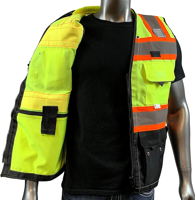 C Vest for Mens Safety Vest With Zipper and Utility Pockets Premium Black Series Surveyors Vest (Medium, Yellow/Black)