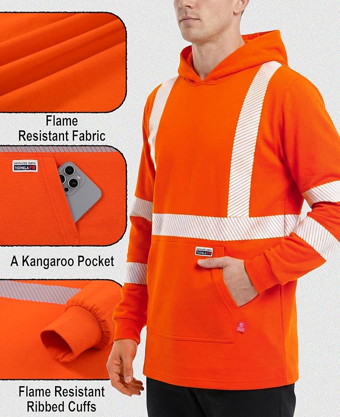 TICOMELA FR Shirts Pullover High Visibility 6oz Lightweight Hi vis Flame Resistant Reflective Hooded Work Shirt