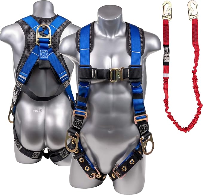 Full Body Harness w/Detachable 6' Internal Shock Absorbing Lanyard I OSHA Compliant Arrest Kit Bundle I Ideal for Construction & Scaffolding Use (Harness + Single Leg Lanyard w/Steel Hook)