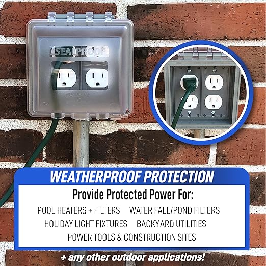 Sealproof 2-Gang Weatherproof Exterior in Use Outlet Cover and Box Kit - Double Gang Metallic Electrical Outlet Box with Three 1/2-Inch Holes and UL Extra Duty, Lockable, in Use Outdoor Outlet Cover