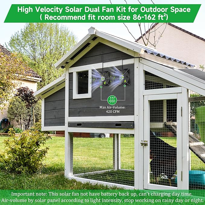 5.5" Solar 2 Fan Kit for Intake or Exhaust air, Weatherproofed Solar Powered Fans for Outside Chicken Coops, Greenhouses, Shed, Pet House Air Ventilation