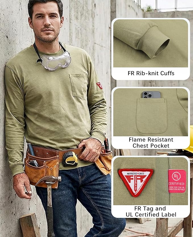 TICOMELA FR Shirts for Men Flame Resistant Shirt NFPA2112/CAT2 7oz Fire Retardant Men's Long Sleeve Henley Shirts
