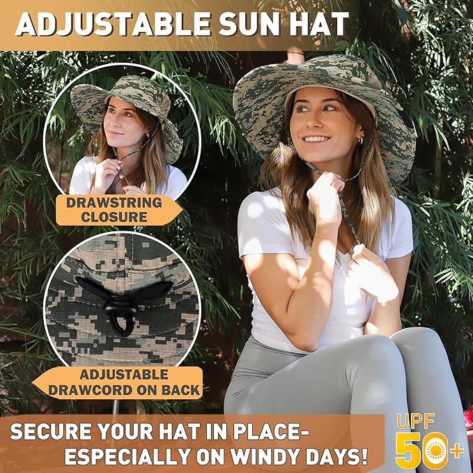 Men Safari Sun Hat Wide Brim Boonie Fishing Cap with Adjustable Drawstring