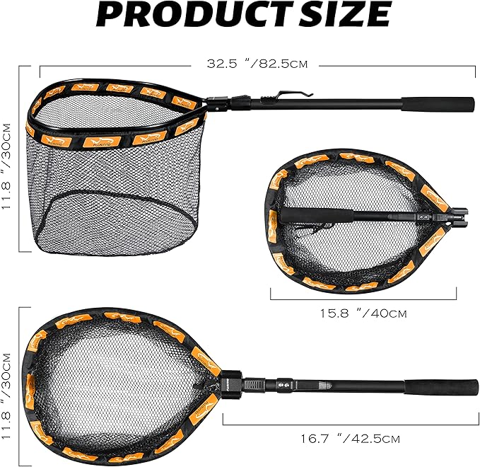 PLUSINNO Fishing Net Fish Floating Landing Net, Kayak Nets with Fixed Foldable Telescopic Pole Handle, Bass Trout Fishing Nets with Nylon Mesh for Pond Lake River, Fishing Gear Gifts for Men Anglers