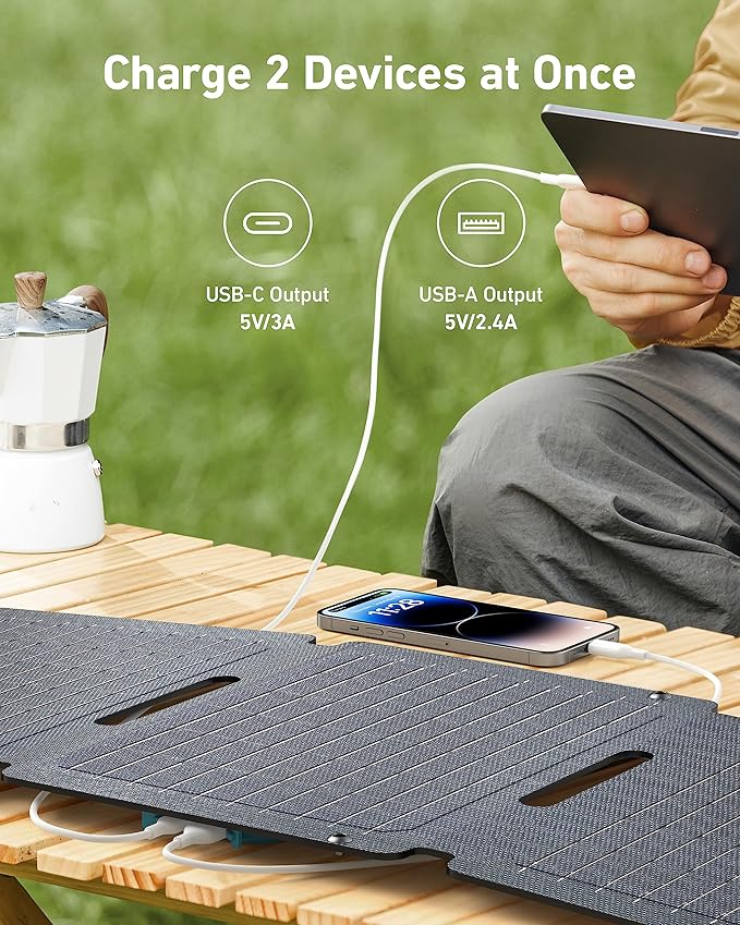 Anker Solix PS30 Solar Panel, 30W Foldable Portable Solar Charger, IP65 Water and Dust Resistance, Ultra-Fast Charging, Charges 2 Devices at Once, for Camping, Hiking, and Outdoor Activities.