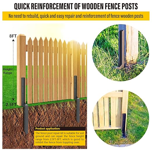 Heavy Duty Steel Fence Post Repair Stakes, Fence Post Anchor Ground Spike, for Repair Tilted/Broken Wood (6 Pack/Black