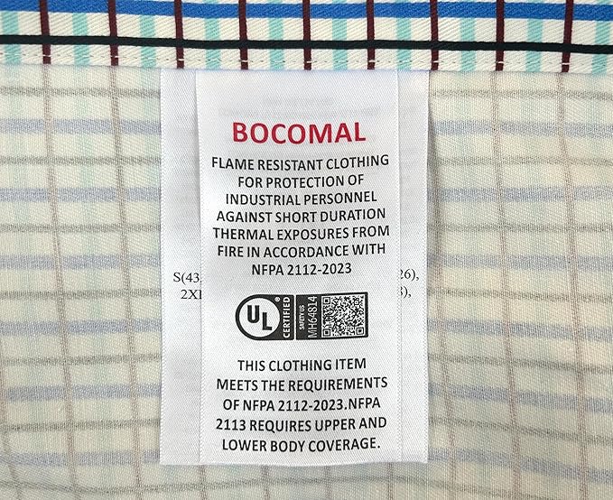 BOCOMAL FR Shirts for Men Printed Plaid Flame Resistant Clothing 6.5oz Cotton Button Up Welding Shirts NFPA2112 CAT2