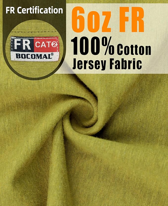 BOCOMAL FR Shirts for Summer Breathable Vented Design 6oz Heather Jersey Flame Resistant Long Sleeve Crew T Shirt