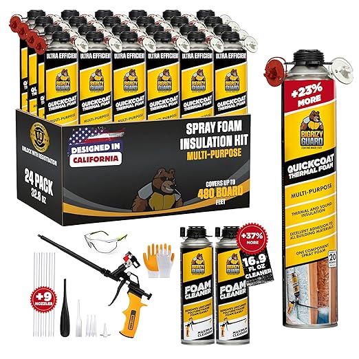 UPGRADED v2.0 Spray Foam Insulation Kit - Closed Cell Spray Foam, 32.8oz Can, DIY Wide Polyurethane Expanding Sealant for Garage Door, Attic Covers 480 Board ft(24 Pack, Gun & 2xCleaner)