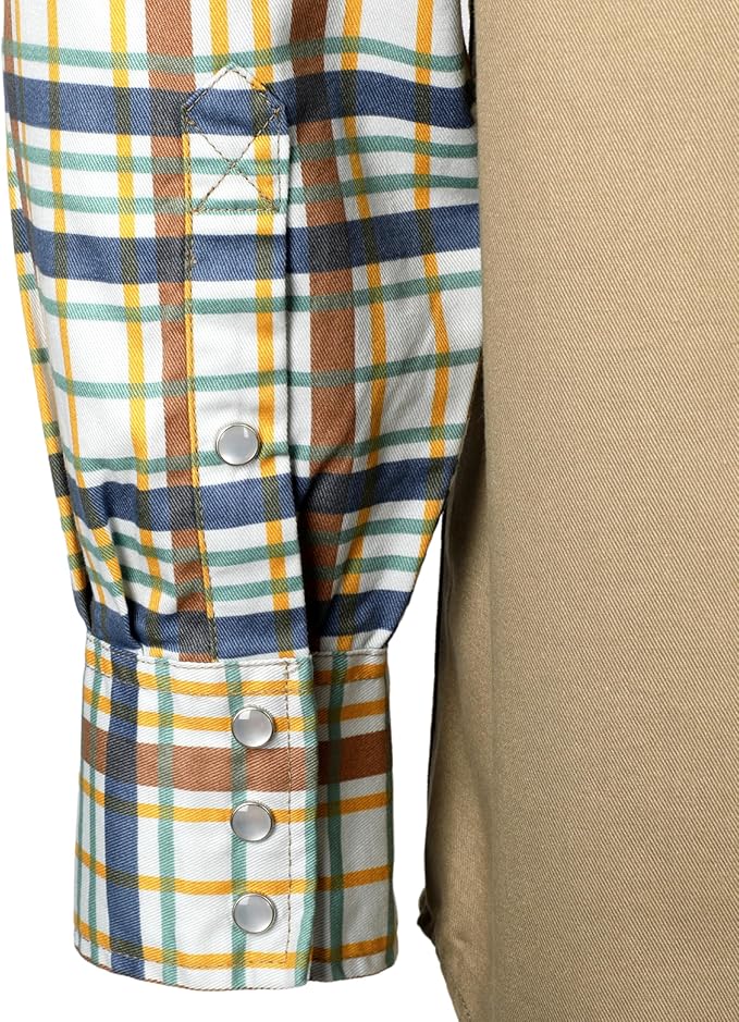 BOCOMAL FR Shirts Pearl Snaps Two Tone Plaid/Solid Flame Resistant Cotton Welding Shirt NFPA 2112 CAT 2