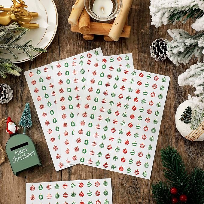 JarThenaAMCS 2400Pcs Mini Christmas Ornament Sticker Red Green Xmas Ball Paper Decal 10 Designs Adhesive Sticker for Winter Planner Envelope Scrapbook Gift DIY Supplies, 0.5 in
